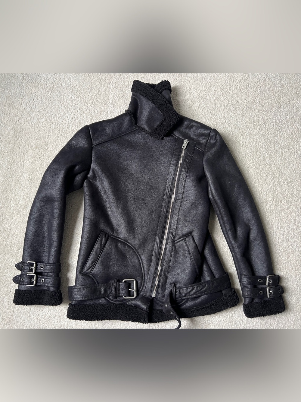 NWT American Eagle Women Faux Shearling Biker Jacket Black Sz XS Sherpa Aviator